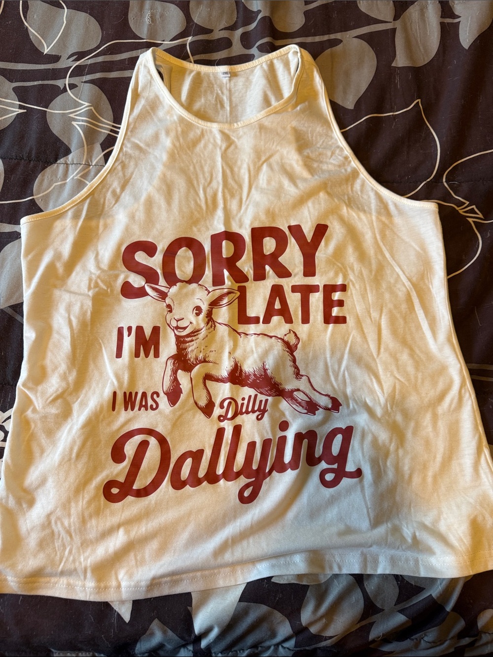 Source Unknown White Tank Top with Red Graphic "Sorry I’m Late"